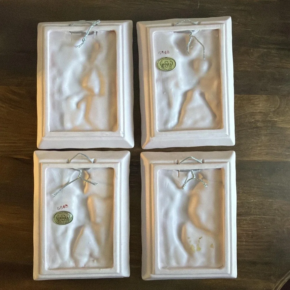 Full set of 4 Vintage Bisque wall plaques with white cherubs - Andrea by Sadek
